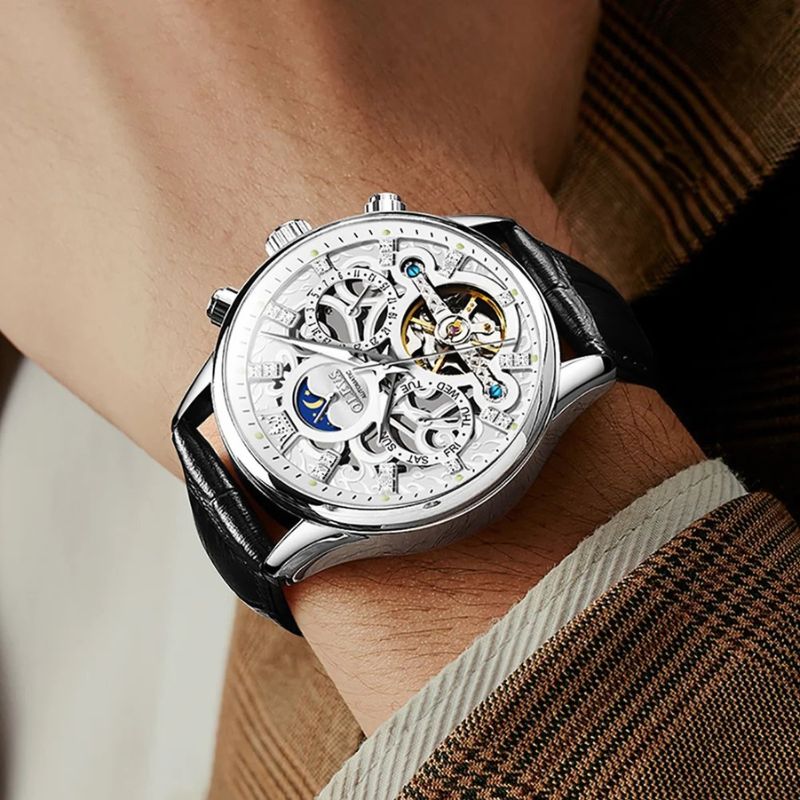 Automatic Slim Leather Strap Wrist Watch
