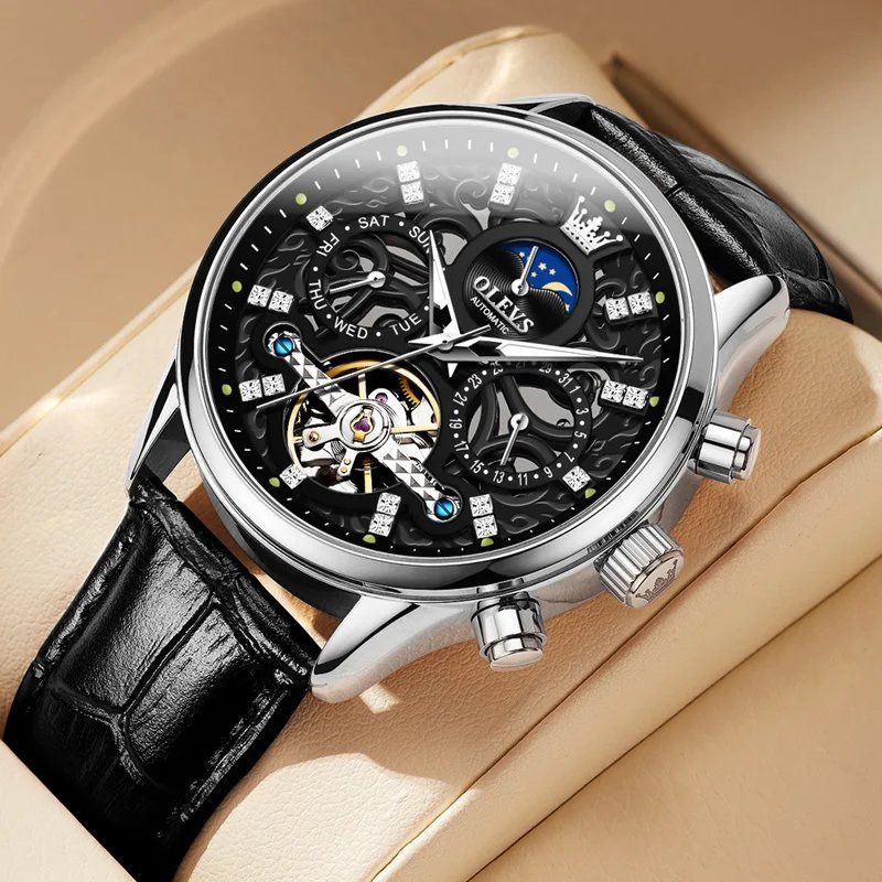 Automatic Slim Leather Strap Wrist Watch