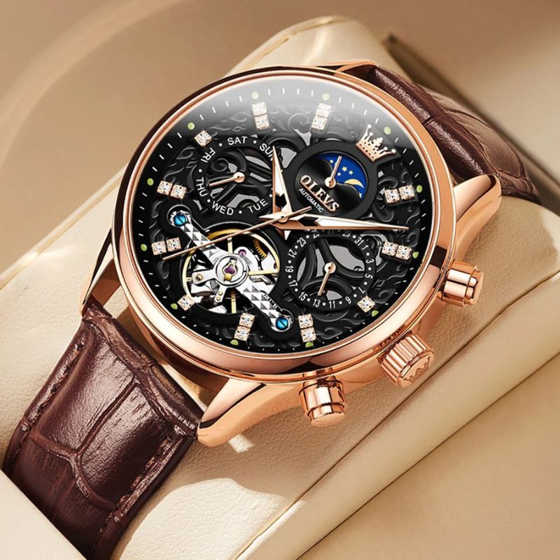 Automatic Slim Leather Strap Wrist Watch