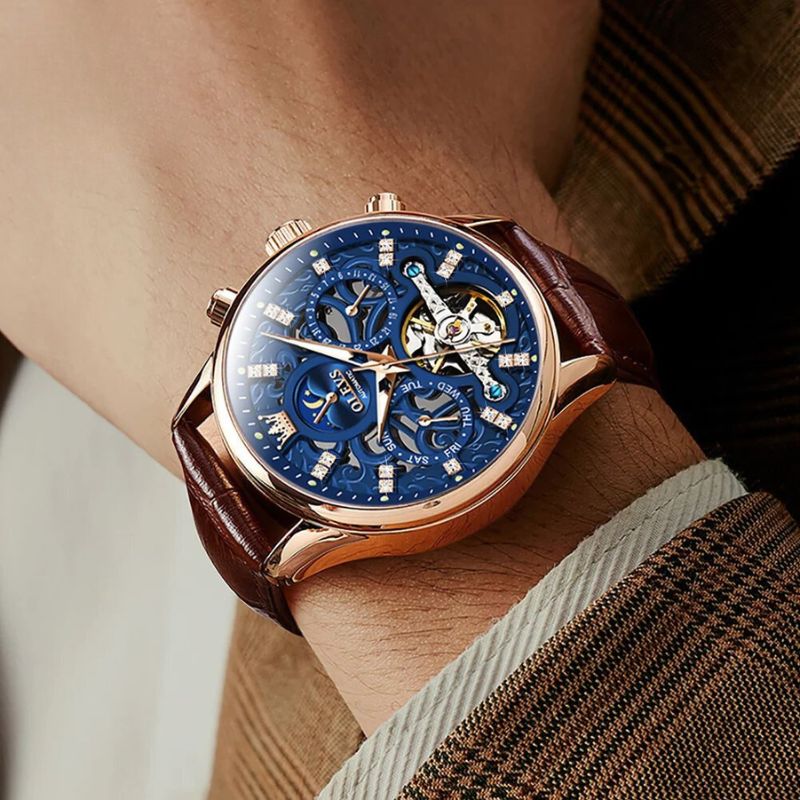 Automatic Slim Leather Strap Wrist Watch