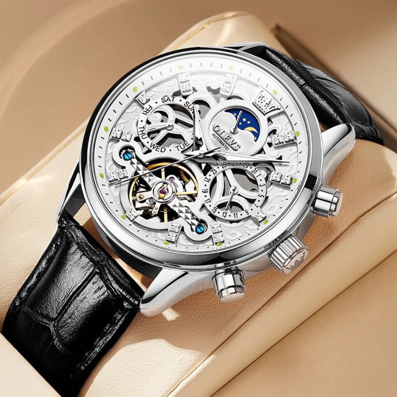 Automatic Slim Leather Strap Wrist Watch