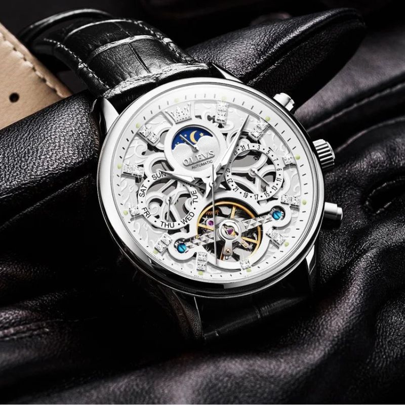 Automatic Slim Leather Strap Wrist Watch
