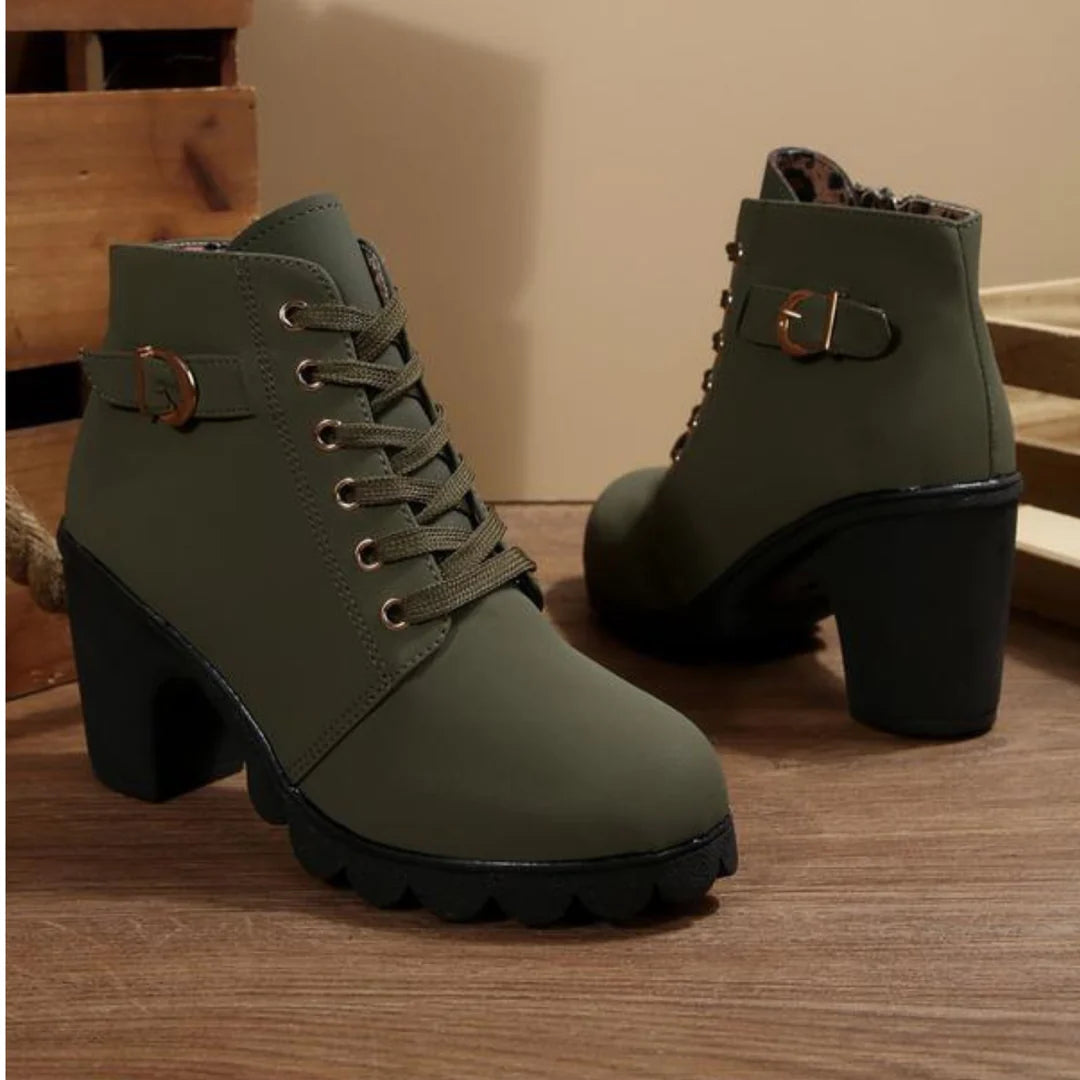 Beatrice | Chic Lace-Up Metal Buckle Chunky Ankle Boots