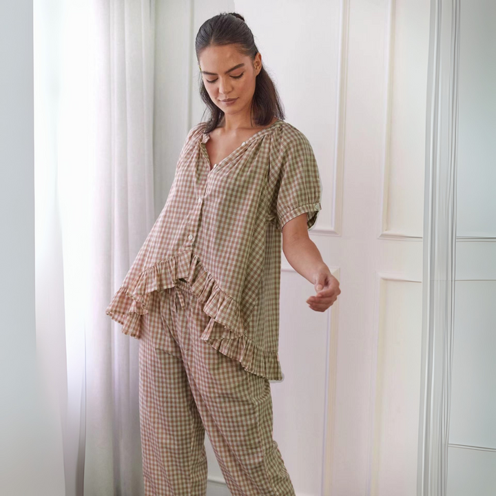 Stine | Casual Set with Checkered Top with Puff Sleeves and Pants