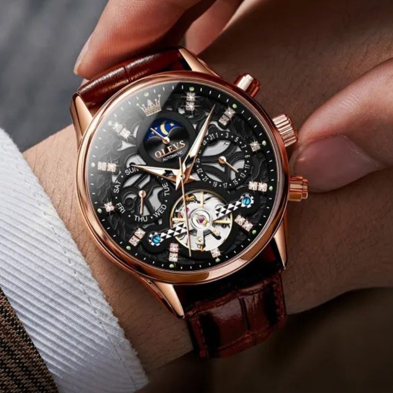 Automatic Slim Leather Strap Wrist Watch