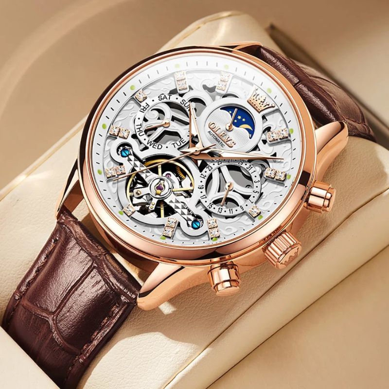 Automatic Slim Leather Strap Wrist Watch