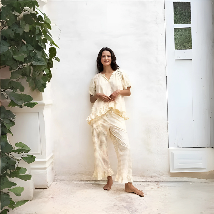 Stine | Casual Set with Checkered Top with Puff Sleeves and Pants