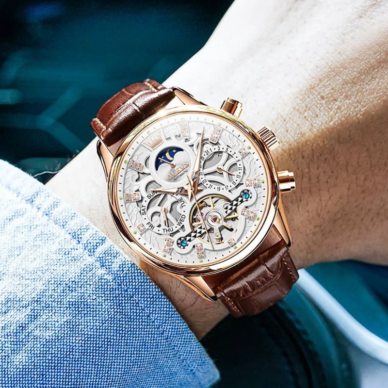 Automatic Slim Leather Strap Wrist Watch