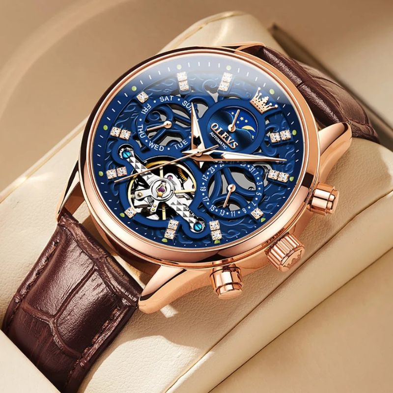 Automatic Slim Leather Strap Wrist Watch