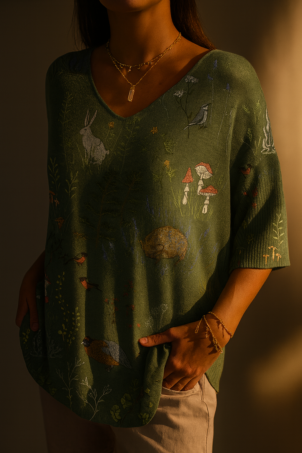Noa | Woodland And Animals Repeat Pattern Printed Women's Casual Pullover Knit
