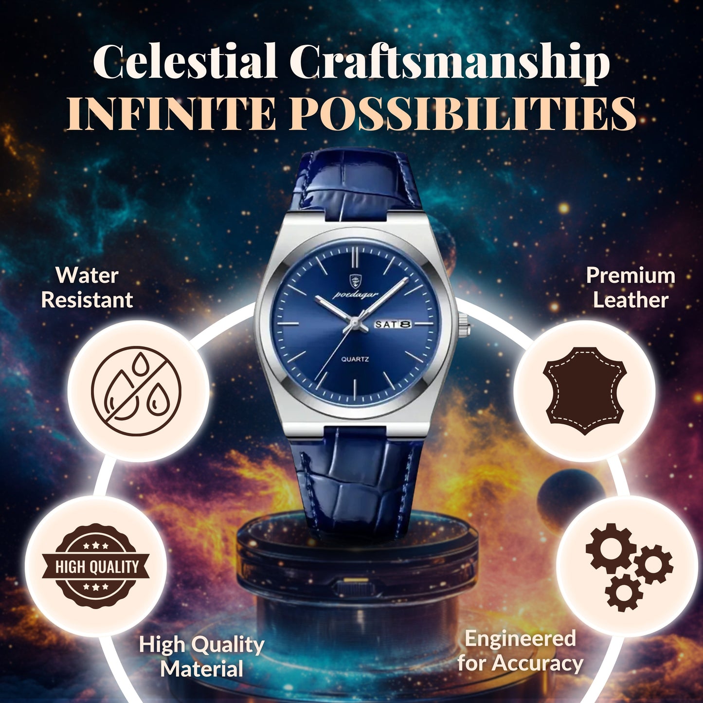 Elegant Blue Leather Quartz Watch