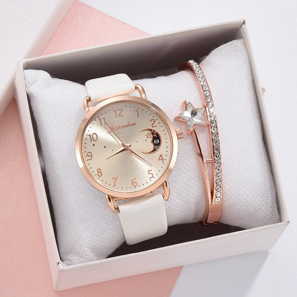 Lightweight Moon Inspired Wrist Watch and Bracelets Set