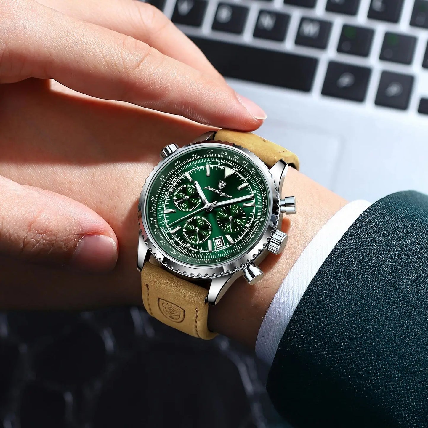 Slim Leather Strap Chronograph Wrist Watch