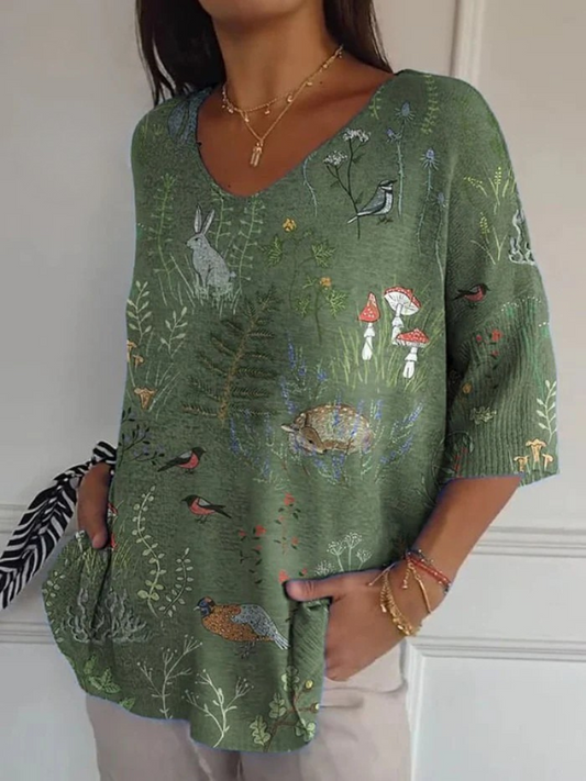 Noa | Woodland And Animals Repeat Pattern Printed Women's Casual Pullover Knit