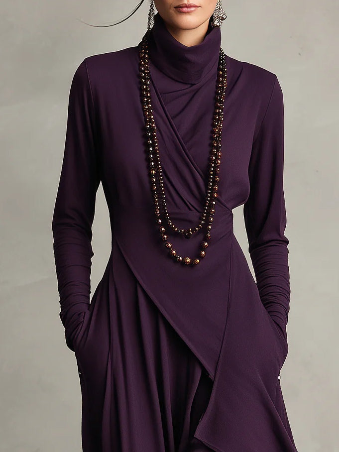 Elysian | Asymmetrical Pleated Maxi Dress with Turtleneck